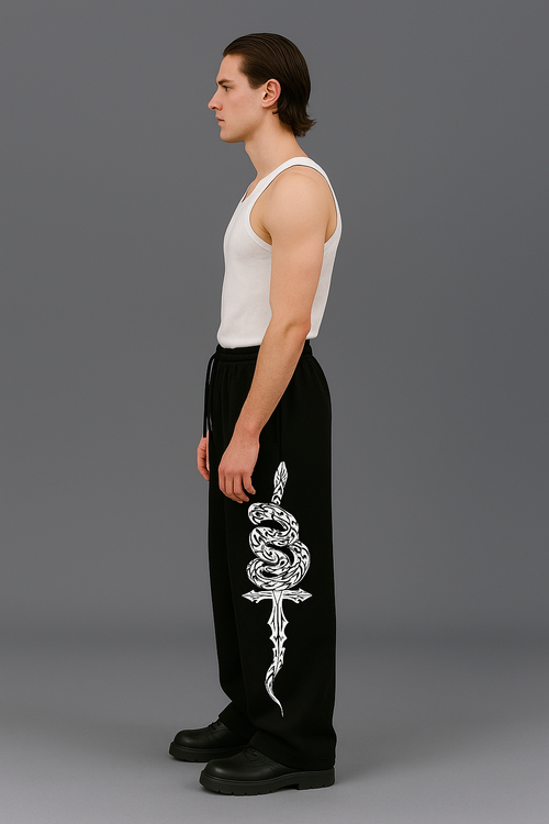 Men’s Black Wide-Leg Sweatpants with Snake & Cross Tribal  – Streetwear Joggers