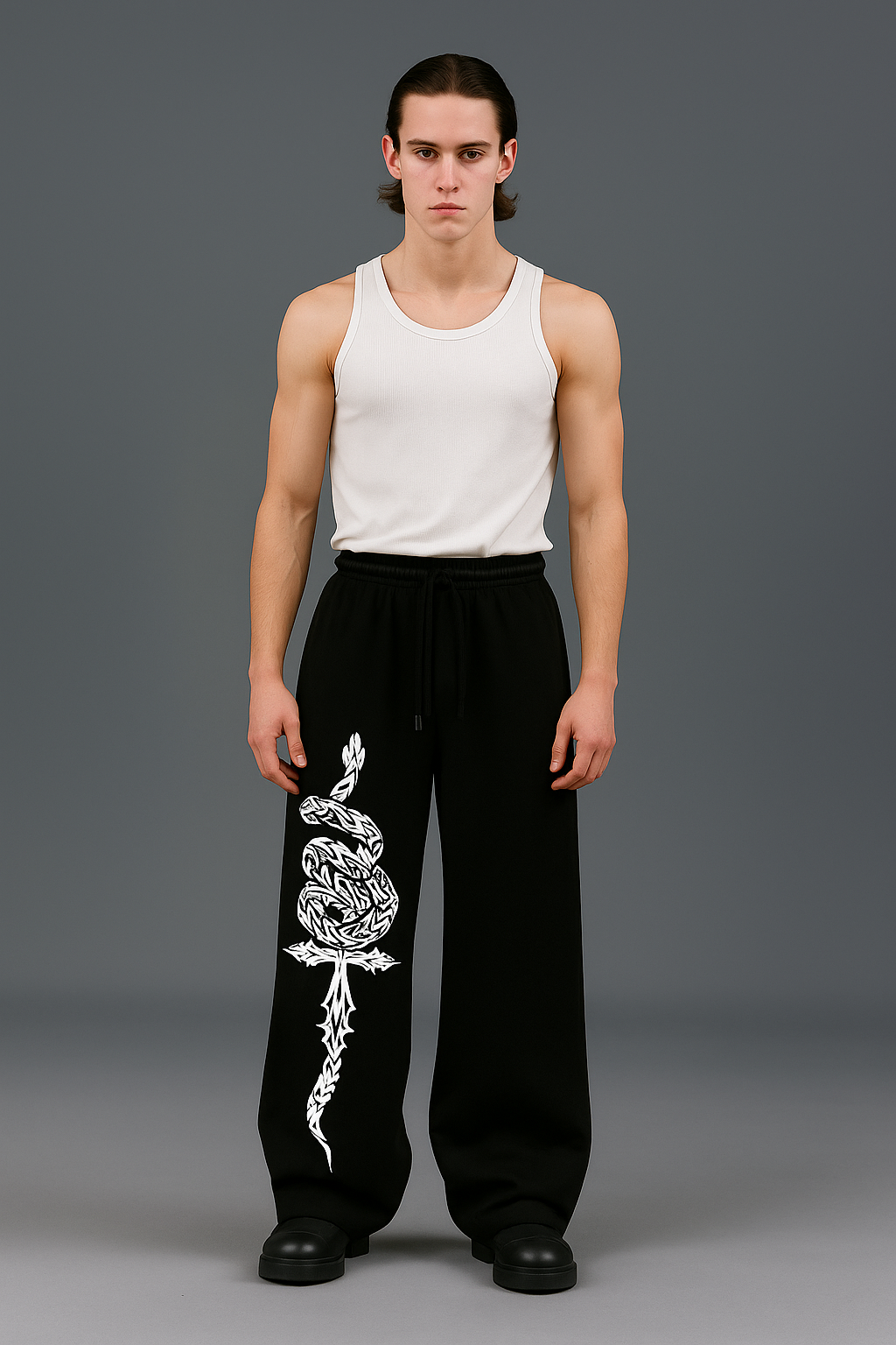 Men’s Black Wide-Leg Sweatpants with Snake & Cross Tribal  – Streetwear Joggers