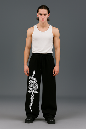 Men’s Black Wide-Leg Sweatpants with Snake & Cross Tribal  – Streetwear Joggers