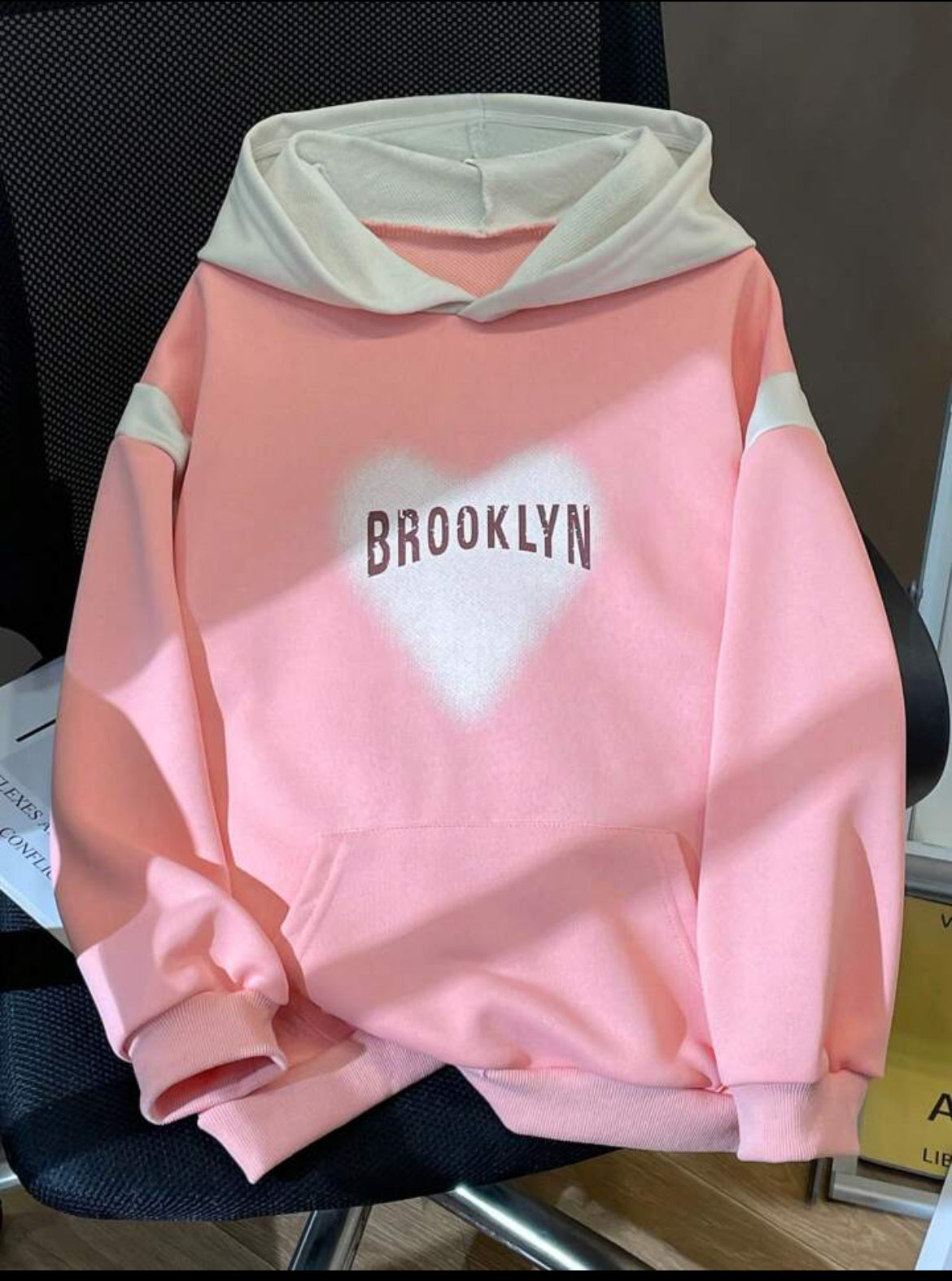 Brooklyn Heart Hoodie – Pink & White | Aesthetic Oversized Hoodie for Women