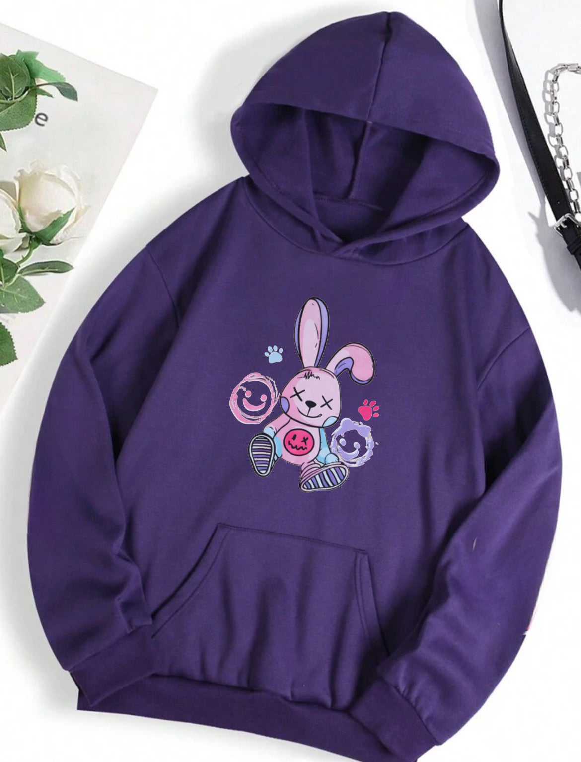 Cute Beige Hoodie for Women – Pastel Bunny Pullover Hoodie