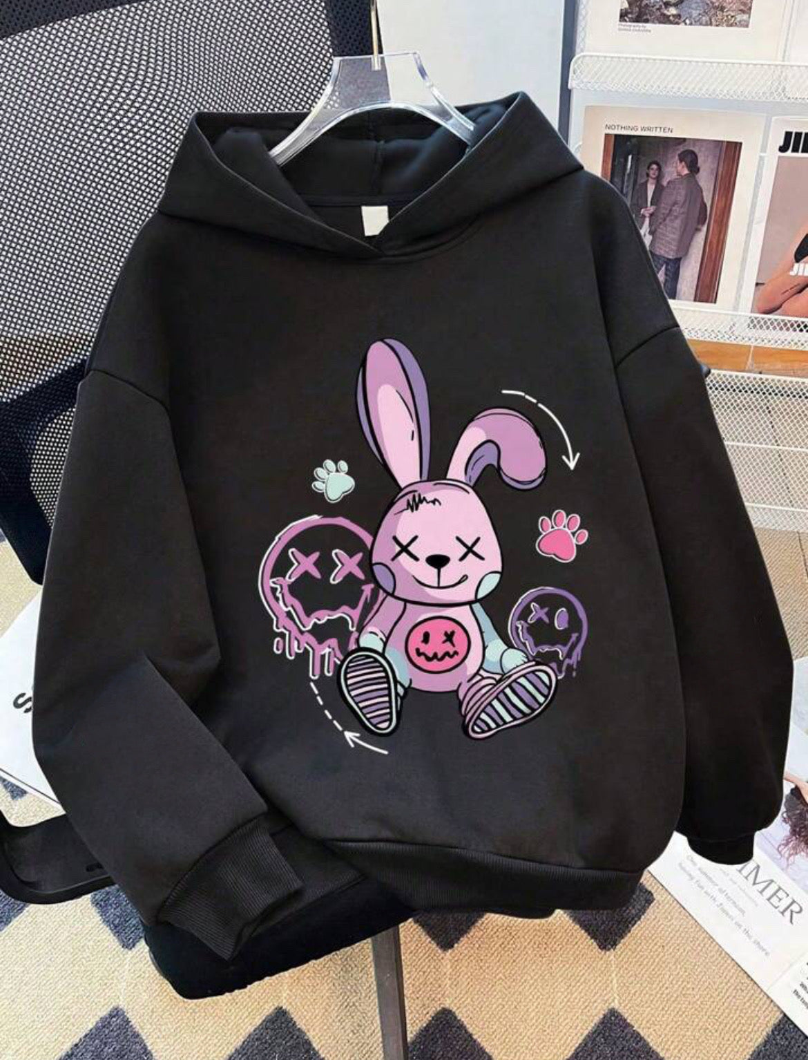 Cute Beige Hoodie for Women – Pastel Bunny Pullover Hoodie