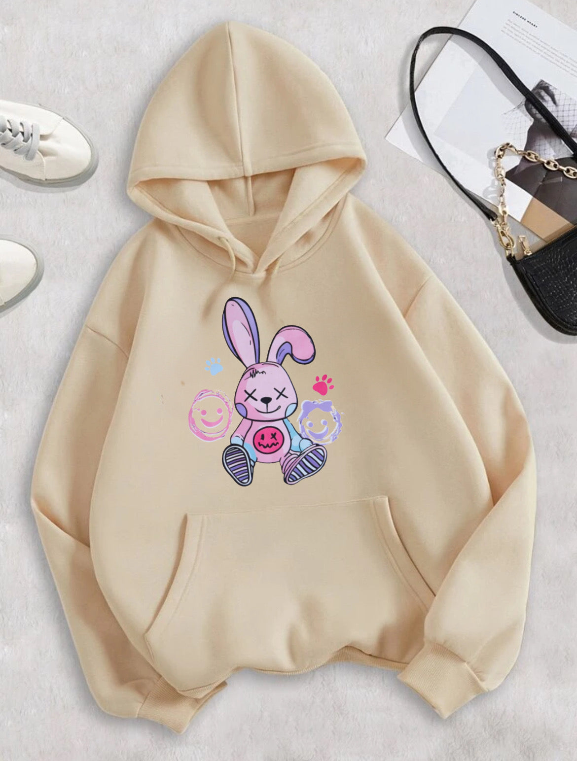 Cute Beige Hoodie for Women – Pastel Bunny Pullover Hoodie