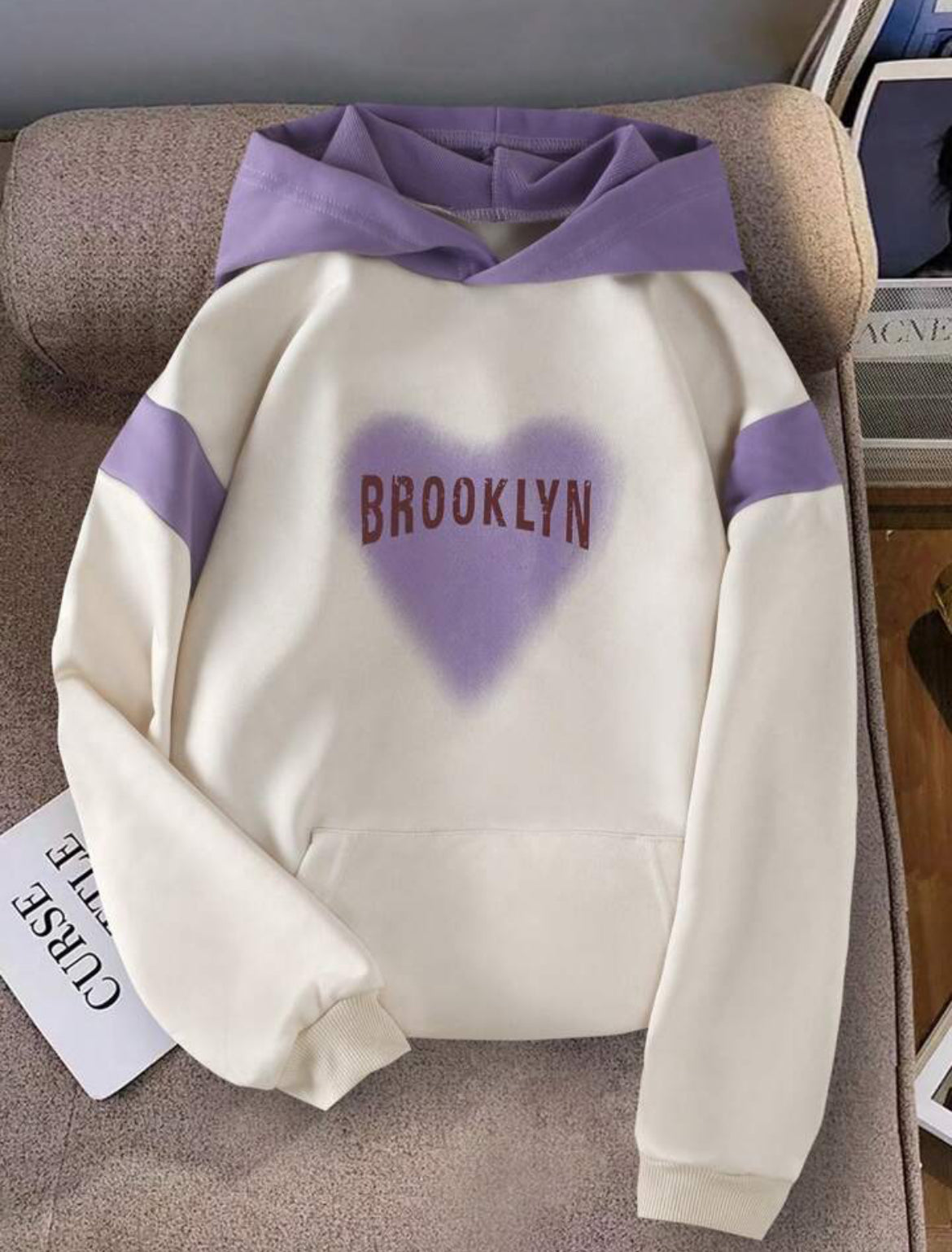 Brooklyn Heart Hoodie – Pink & White | Aesthetic Oversized Hoodie for Women