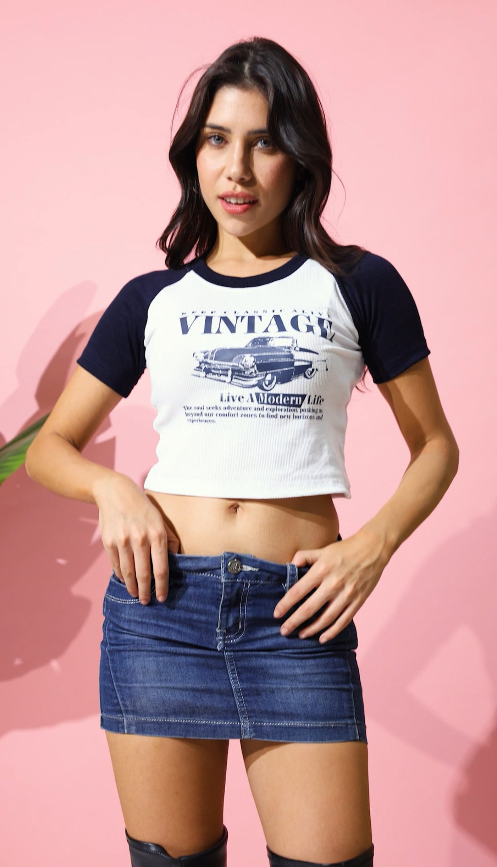 Vintage Graphic Crop Top & Denim Mini Skirt – Retro Y2K Casual Outfit | WHIZZER