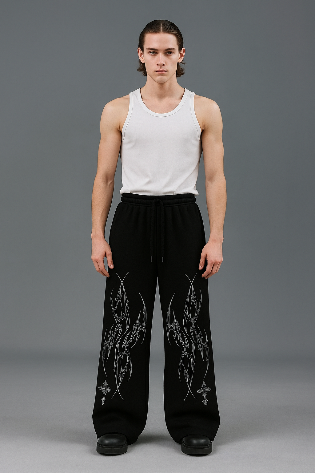Men’s Black Wide-Leg Sweatpants with Tribal Flame & Cross Print – Streetwear Joggers