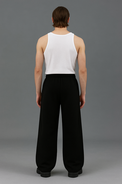 Men’s Black Wide-Leg Sweatpants with Tribal Flame & Cross Print – Streetwear Joggers