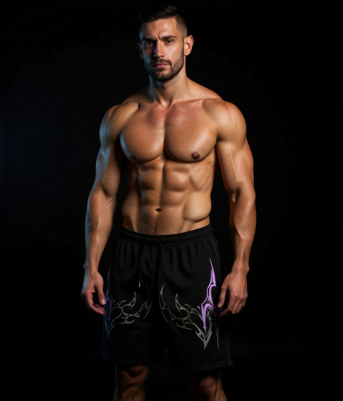 WHIZZER Tribal Flame Streetwear Shorts – Black with Purple Graphic Print
